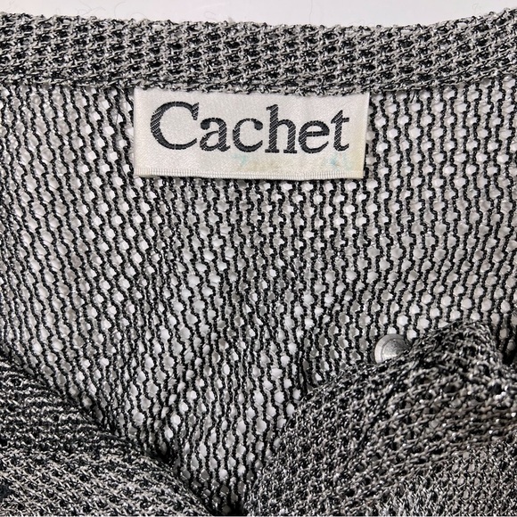 Cachet | Vintage 90s Mesh Metallic Cardigan Silver Black Rhinestone Buttons | M - Picture 11 of 11